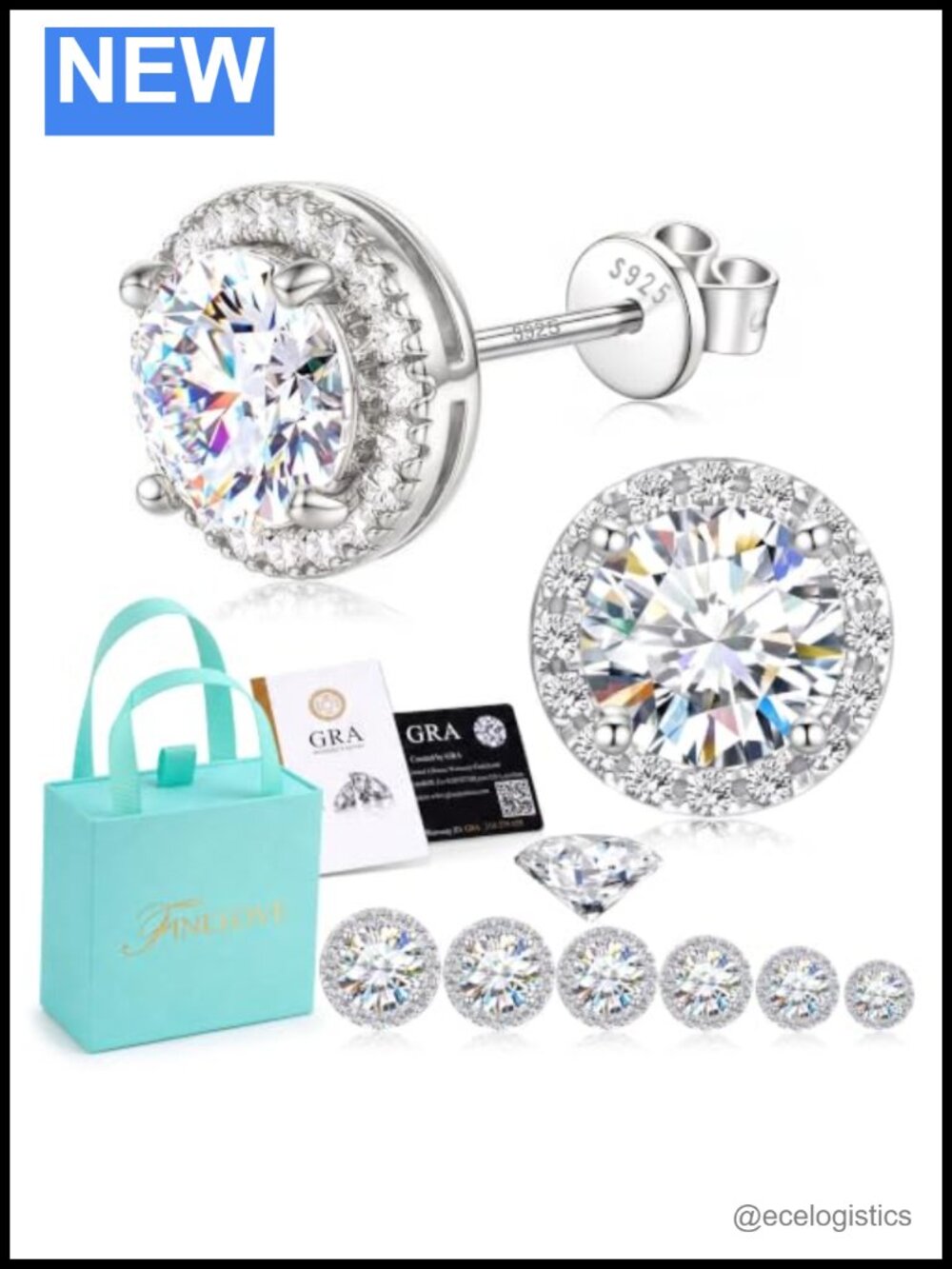 Moissanite Halo Stud Earrings 925 Sterling Silver White Gold Plated